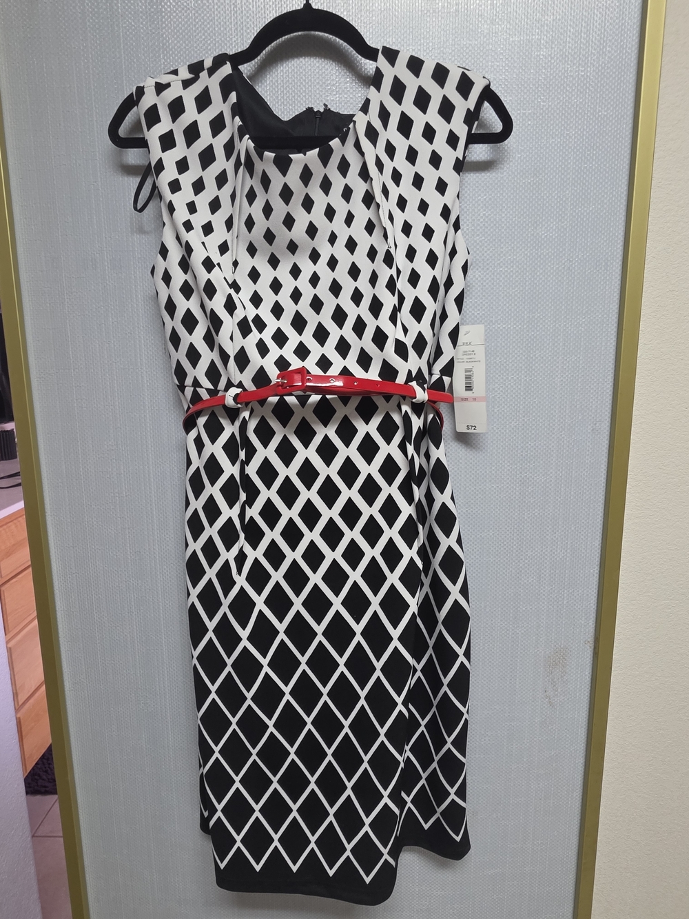 R&K Black and White Diamond-Print Midi Dress with Red Belt